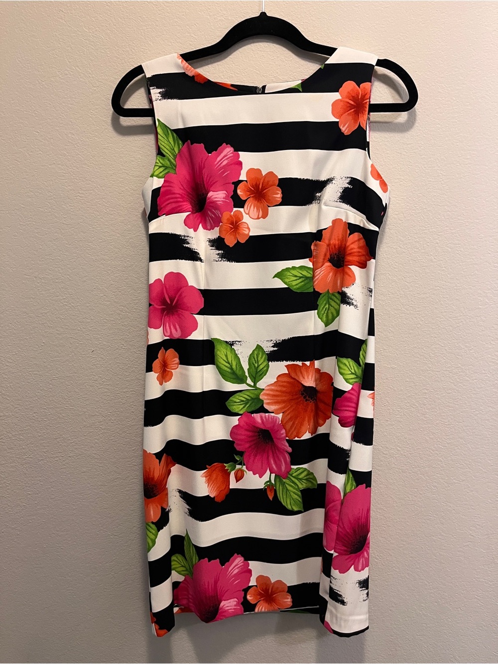 AGB Black and White Striped Dress with Red and Pink Floral Accents